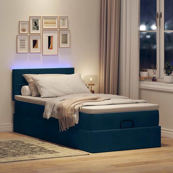 vidaXL Lit ottoman avec matelas et LED bleu fonc&eacute; 80x200cm velours