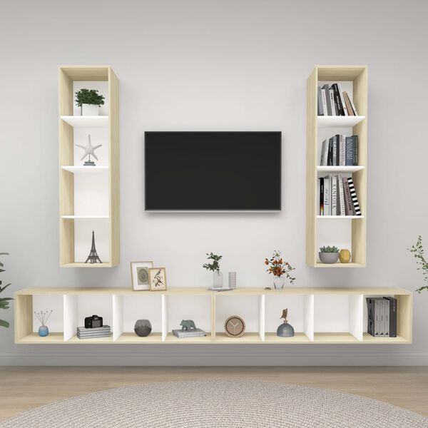 vidaXL Meubles TV muraux 4 pcs Blanc et ch&ecirc;ne sonoma Bois d'ing&eacute;nierie