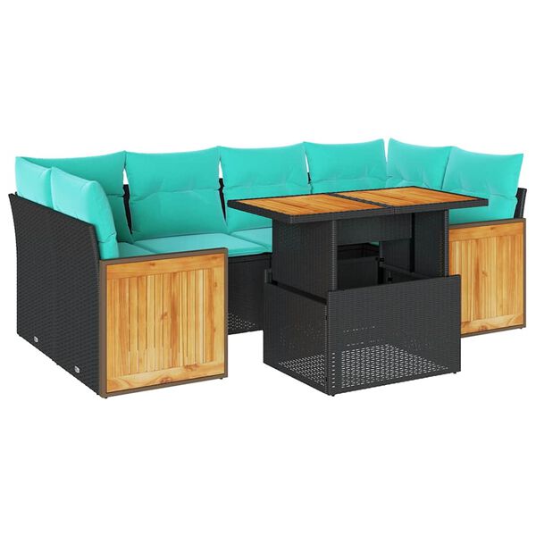 vidaXL Salon de jardin avec coussins 7 pcs noir r&eacute;sine tress&eacute;e acacia