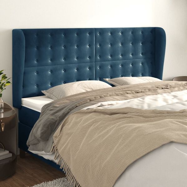 vidaXL T&ecirc;te de lit avec oreilles Bleu fonc&eacute; 163x23x118/128 cm Velours