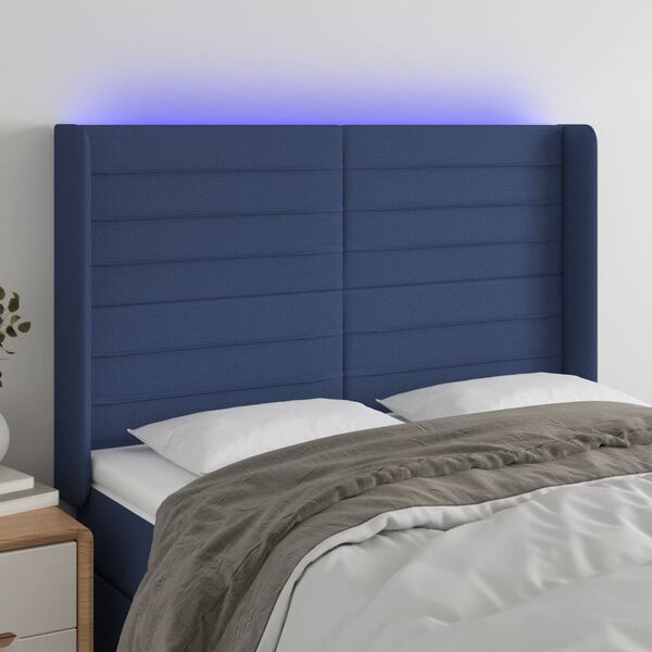 vidaXL T&ecirc;te de lit &agrave; LED Bleu 147x16x118/128 cm Tissu