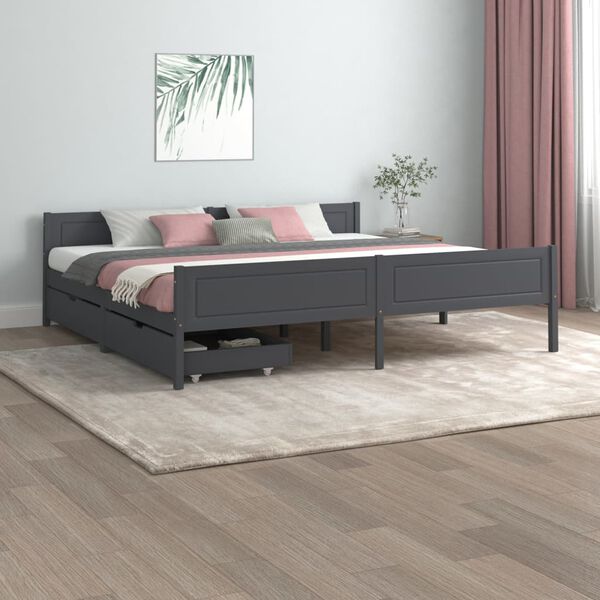 vidaXL Cadre de lit avec 2 tiroirs Gris fonc&eacute; Pin massif 200x200 cm