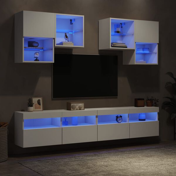 vidaXL Ensemble de meubles TV muraux 6 pcs avec lumi&egrave;res LED blanc