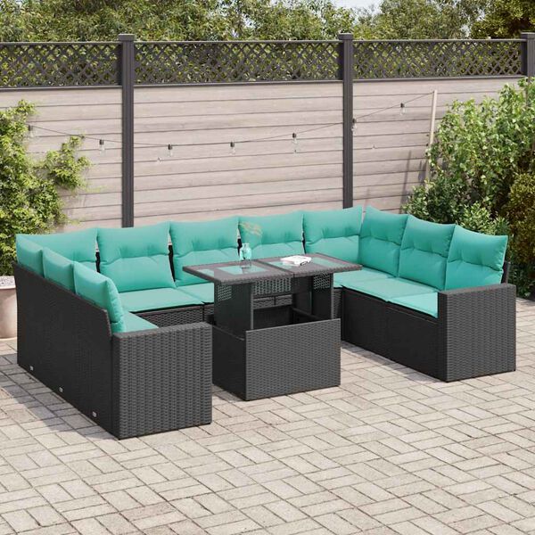 vidaXL Salon de jardin 10 pcs avec coussins noir r&eacute;sine tress&eacute;e acacia