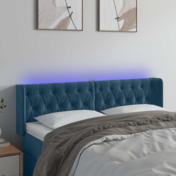 vidaXL T&ecirc;te de lit &agrave; LED Bleu fonc&eacute; 163x16x78/88 cm Velours