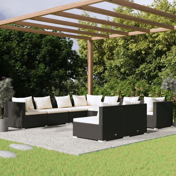 vidaXL Salon de jardin 9 pcs avec coussins Noir Résine tressée