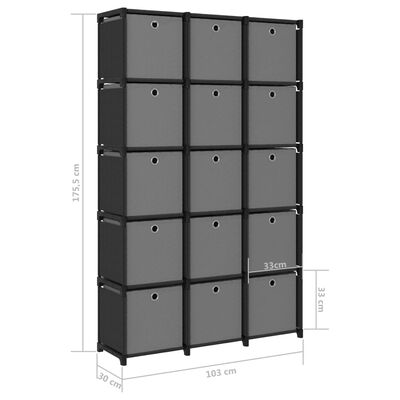 vidaXL Étagère à 15 cubes avec boîtes Noir 103x30x175,5 cm Tissu
