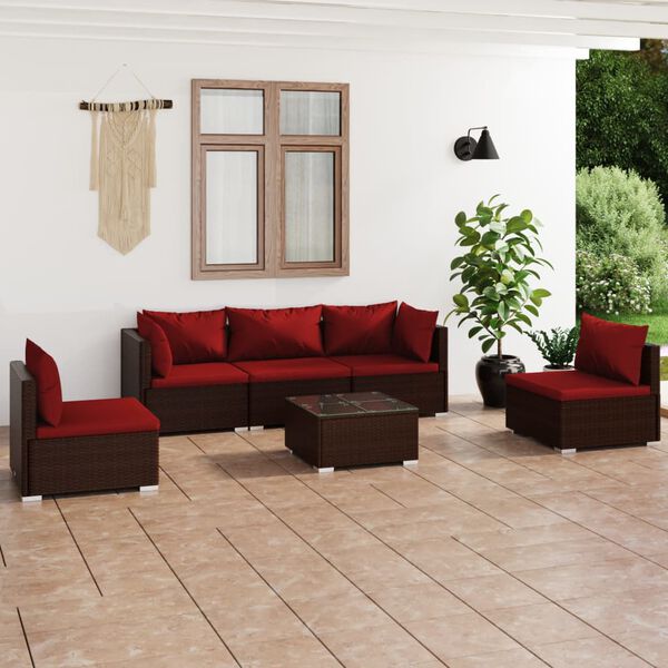 vidaXL Salon de jardin 6 pcs avec coussins R&eacute;sine tress&eacute;e Marron