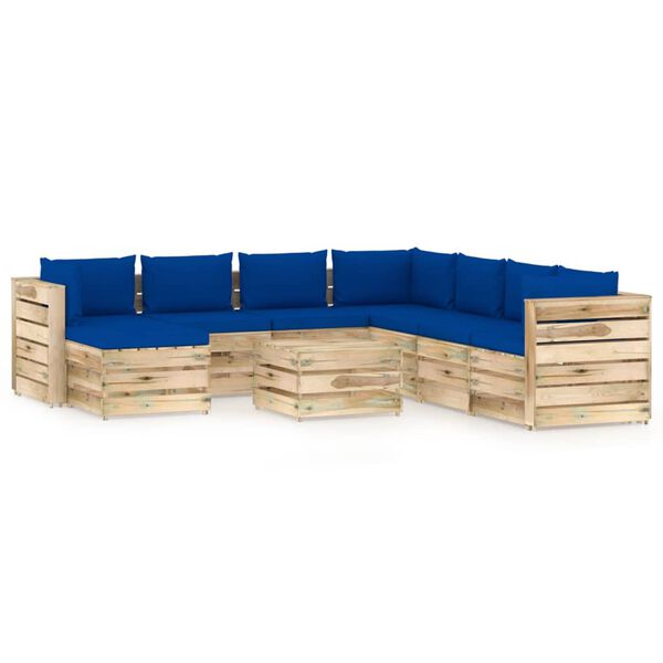 vidaXL Salon de jardin 9 pcs avec coussins Bois impr&eacute;gn&eacute; de vert