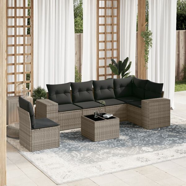 vidaXL Salon de jardin avec coussins 7 pcs gris r&eacute;sine tress&eacute;e