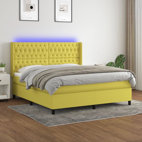 vidaXL Sommier &agrave; lattes de lit matelas et LED Vert 160x200 cm Tissu