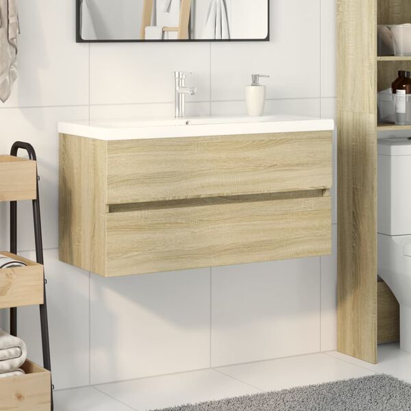vidaXL Ensemble de meubles de bain 2pcs c&eacute;ramique et bois d'ing&eacute;nierie