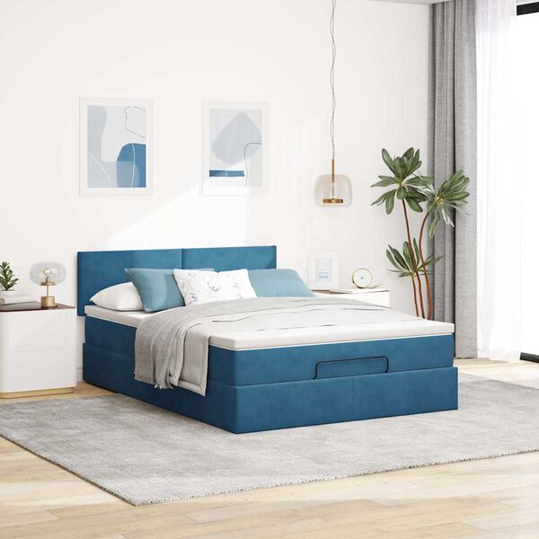 vidaXL Cadre de lit ottoman avec matelas bleu fonc&eacute; 140x190 cm velours