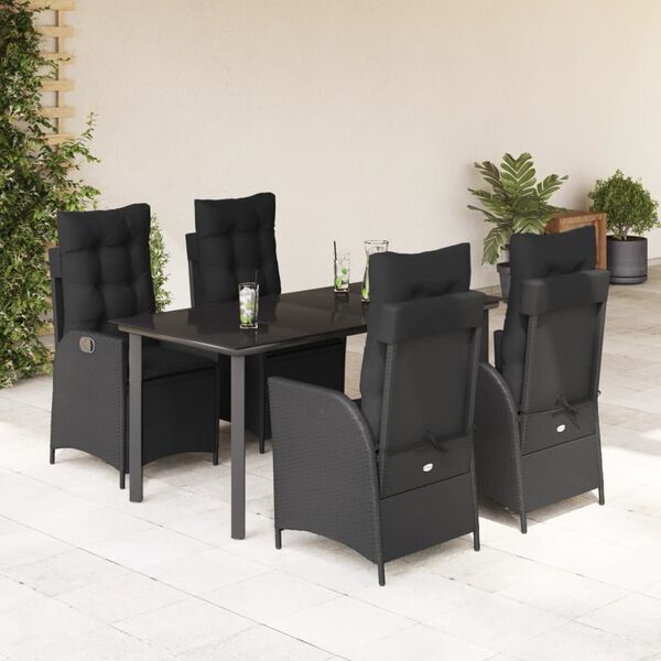 vidaXL Ensemble &agrave; manger de jardin coussins 5pcs Noir R&eacute;sine tress&eacute;e