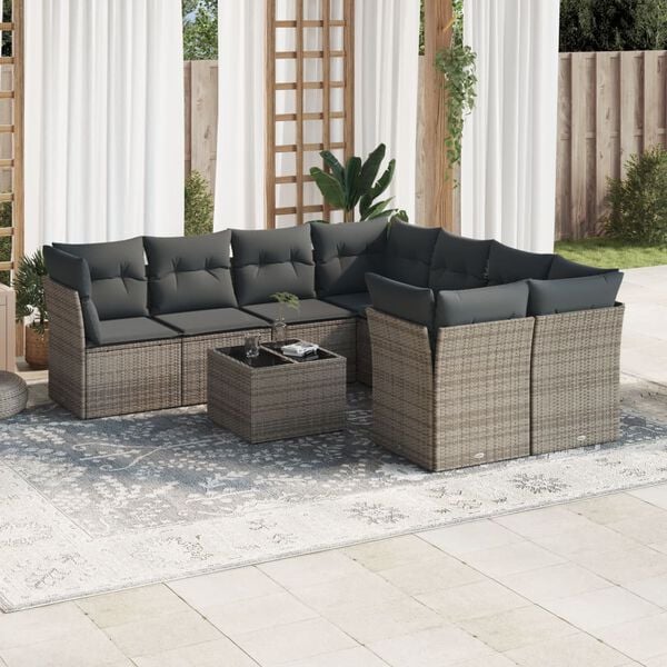 vidaXL Salon de jardin 9 pcs avec coussins gris r&eacute;sine tress&eacute;e