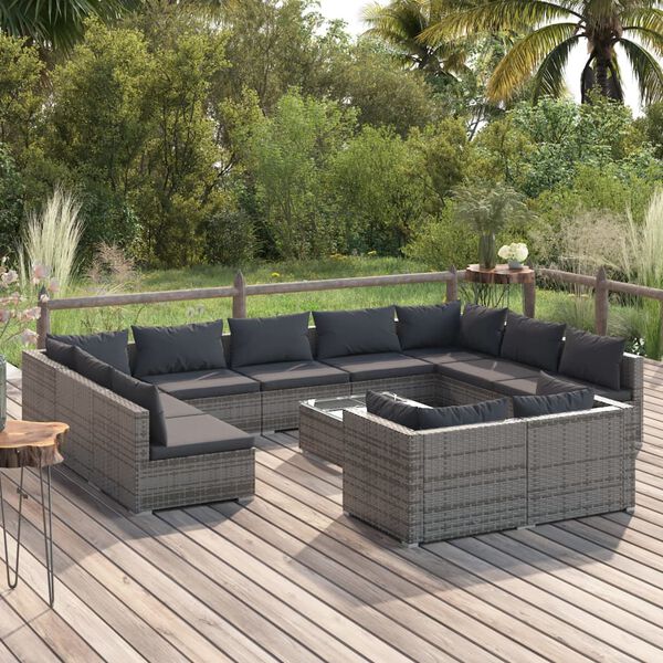 vidaXL Salon de jardin 12 pcs avec coussins Gris Résine tressée