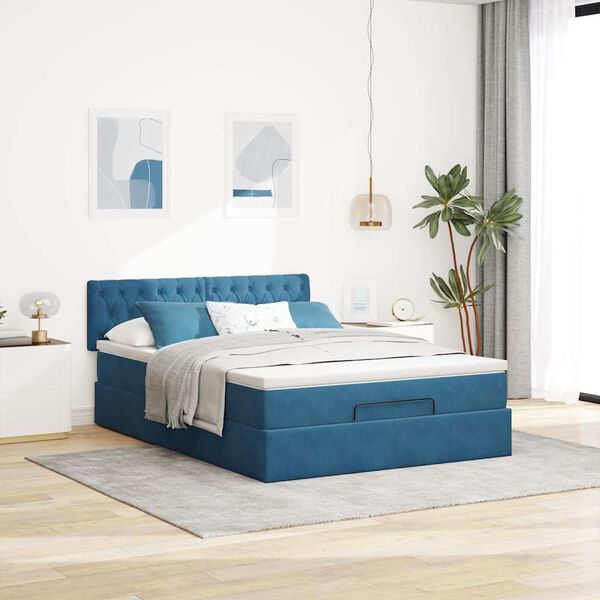 vidaXL Cadre de lit ottoman avec matelas bleu fonc&eacute; 140x190 cm velours