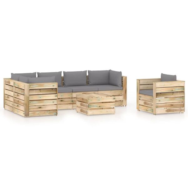 vidaXL Salon de jardin 7 pcs avec coussins Bois impr&eacute;gn&eacute; de vert