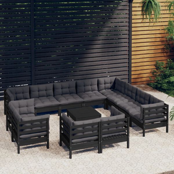vidaXL Salon de jardin 13 pcs avec coussins Noir Bois de pin solide