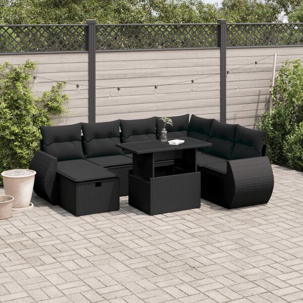 vidaXL Salon de jardin 8 pcs avec coussins noir r&eacute;sine tress&eacute;e