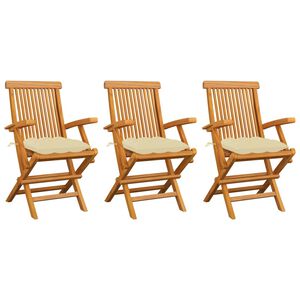 vidaXL Chaises de jardin et coussins blanc cr&egrave;me lot de 3 Teck massif