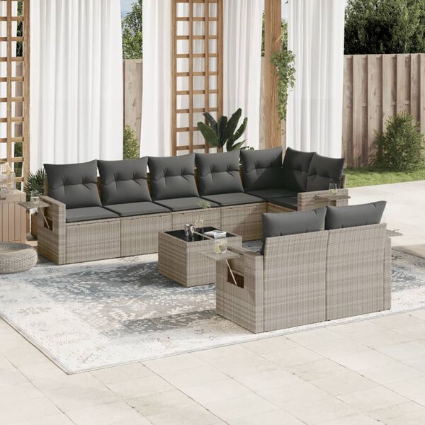 vidaXL Salon de jardin 9 pcs avec coussins gris clair r&eacute;sine tress&eacute;e