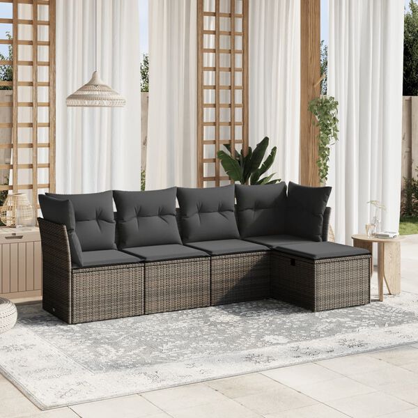 vidaXL Salon de jardin 5 pcs avec coussins gris r&eacute;sine tress&eacute;e