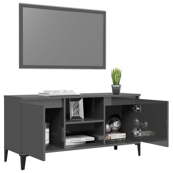 vidaXL Meuble TV avec pieds en m&eacute;tal Gris brillant 103,5x35x50 cm