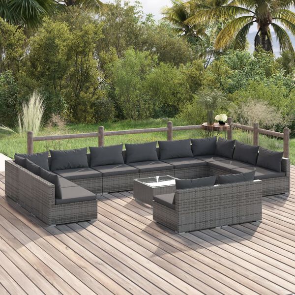 vidaXL Salon de jardin 13 pcs avec coussins Gris Résine tressée