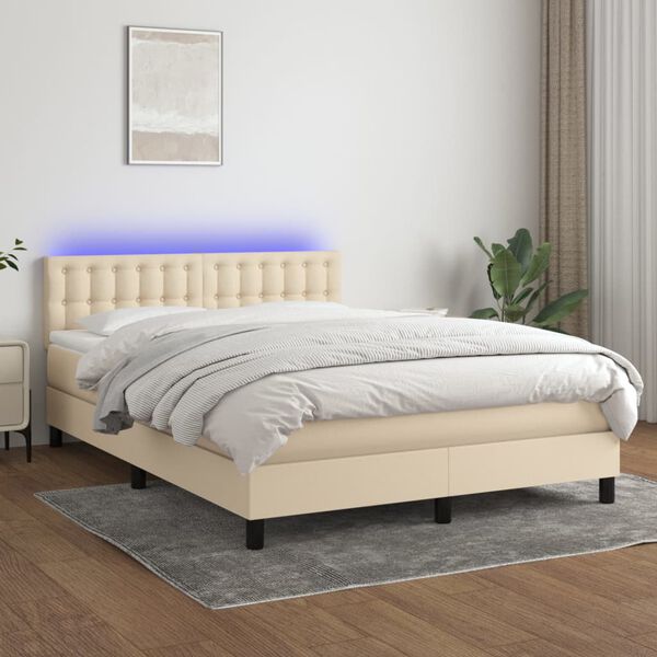 vidaXL Sommier &agrave; lattes de lit avec matelas LED Cr&egrave;me 140x200 cm Tissu