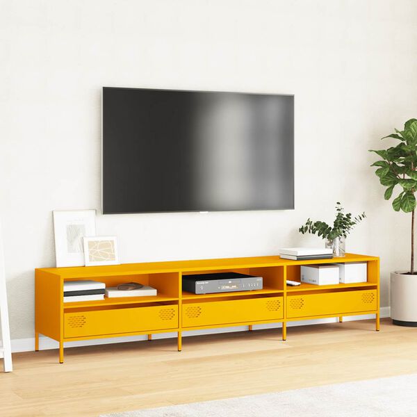 vidaXL Meuble TV jaune moutarde 202x39x43,5 cm acier lamin&eacute; &agrave; froid