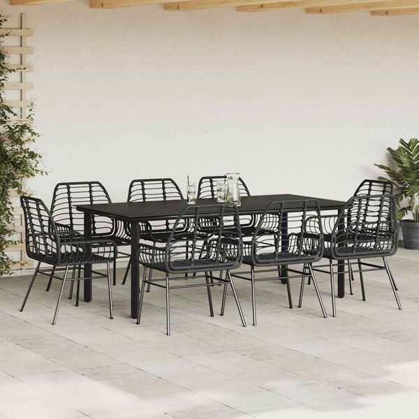 vidaXL Ensemble &agrave; manger de jardin 9pcs noir poly rotin verre
