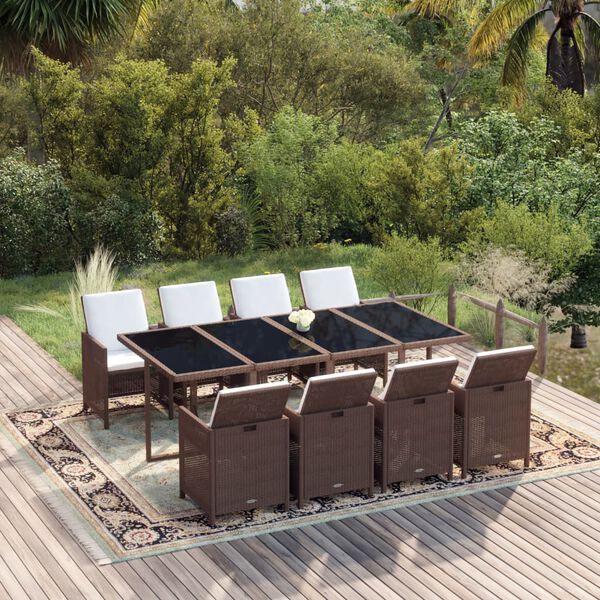 vidaXL Ensemble &agrave; manger de jardin et coussins 9 pcs Poly rotin Marron