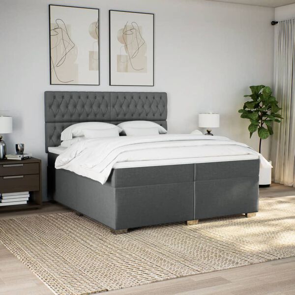 vidaXL Sommier &agrave; lattes de lit avec matelas Gris fonc&eacute; 200x200cm Tissu