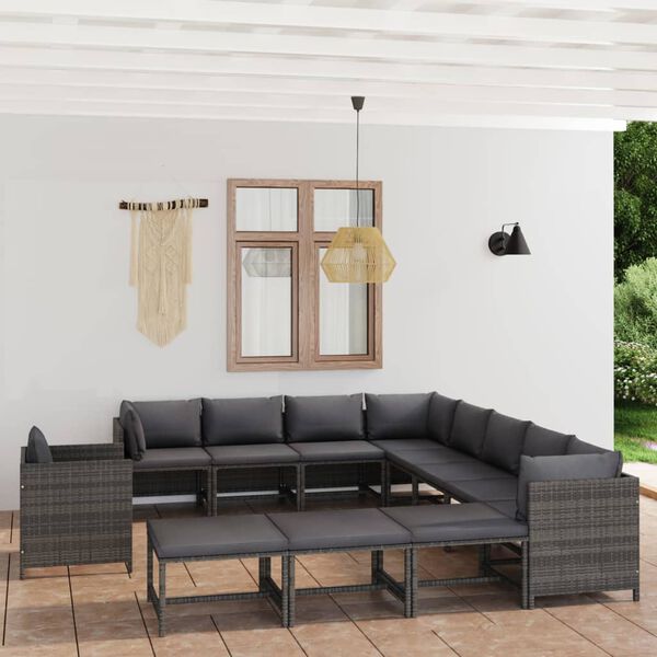 vidaXL Salon de jardin 12 pcs avec coussins Résine tressée Gris