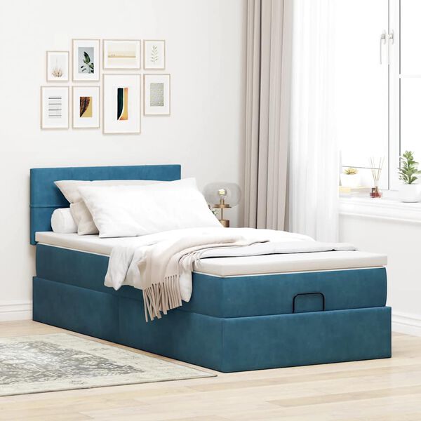 vidaXL Cadre de lit ottoman avec matelas bleu fonc&eacute; 90x200 cm velours
