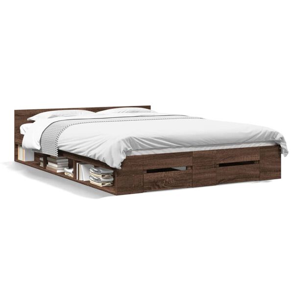 vidaXL Cadre de lit avec tiroirs sans matelas ch&ecirc;ne marron 135x190 cm