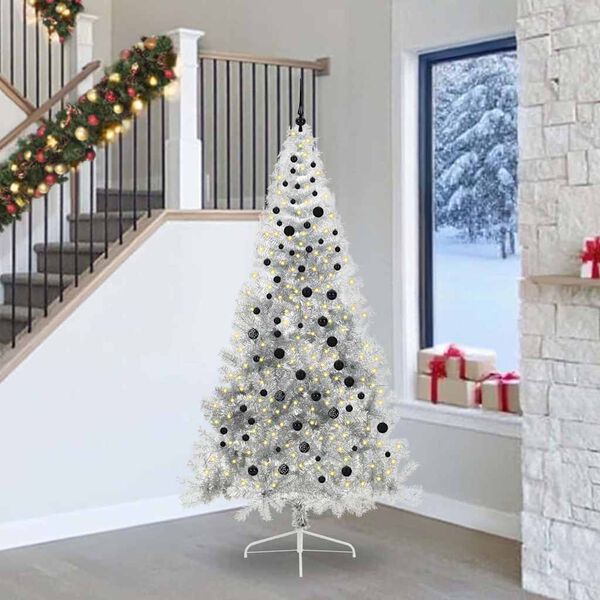 vidaXL Sapin de No&euml;l artificiel pr&eacute;-&eacute;clair&eacute; Argent 240 cm PET