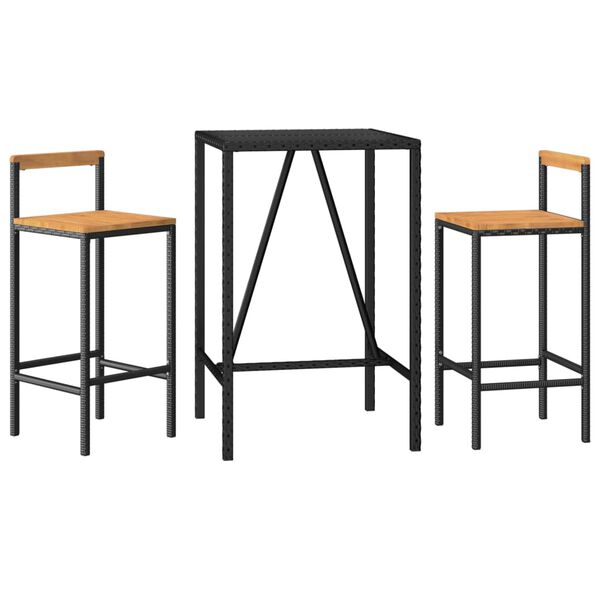 vidaXL Ensemble de bar jardin 3 pcs noir poly rotin/bois massif acacia