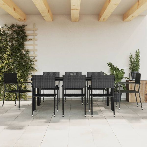 vidaXL Ensemble &agrave; manger de jardin 9 pcs noir r&eacute;sine tress&eacute;e et acier
