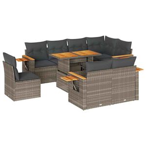 vidaXL Salon de jardin avec coussins 9 pcs gris r&eacute;sine tress&eacute;e acacia