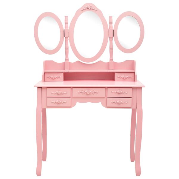 vidaXL Coiffeuse avec tabouret et miroir pliable en 3 Rose