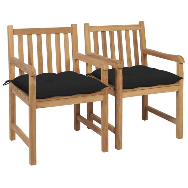 vidaXL Chaises de jardin lot de 2 et coussins noir Bois de teck massif