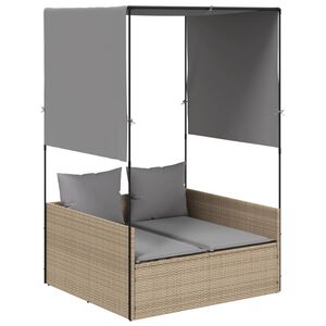 vidaXL Chaise longue double avec toit et rideaux beige r&eacute;sine tress&eacute;e
