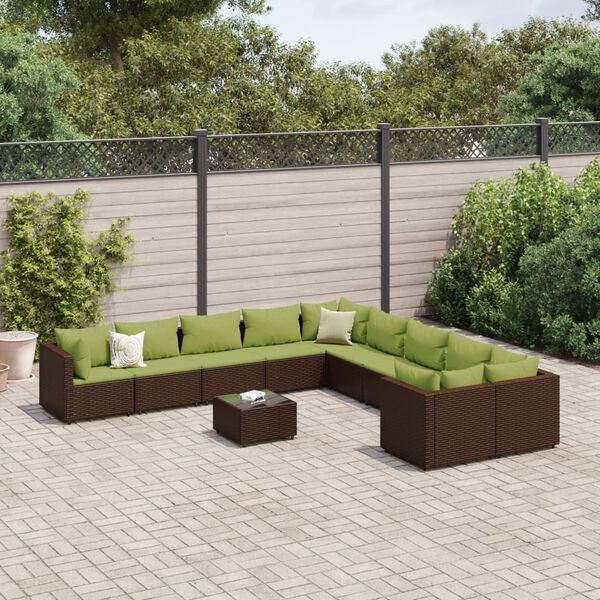 vidaXL Salon de jardin 10 pcs avec coussins marron résine tressée