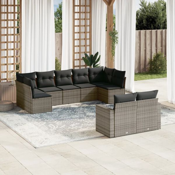 vidaXL Salon de jardin 9 pcs avec coussins gris résine tressée