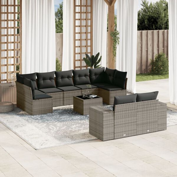 vidaXL Salon de jardin avec coussins 10 pcs gris r&eacute;sine tress&eacute;e