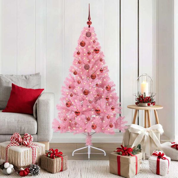 vidaXL Sapin de No&euml;l artificiel pr&eacute;-&eacute;clair&eacute; Rose 150 cm PVC