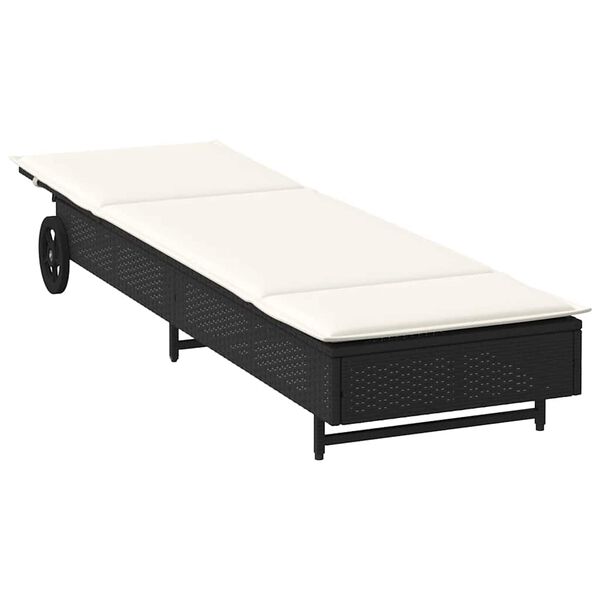 vidaXL Chaise longue avec roues et coussin noir résine tressée