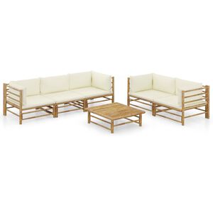 vidaXL Salon de jardin 6 pcs avec coussins blanc cr&egrave;me bambou